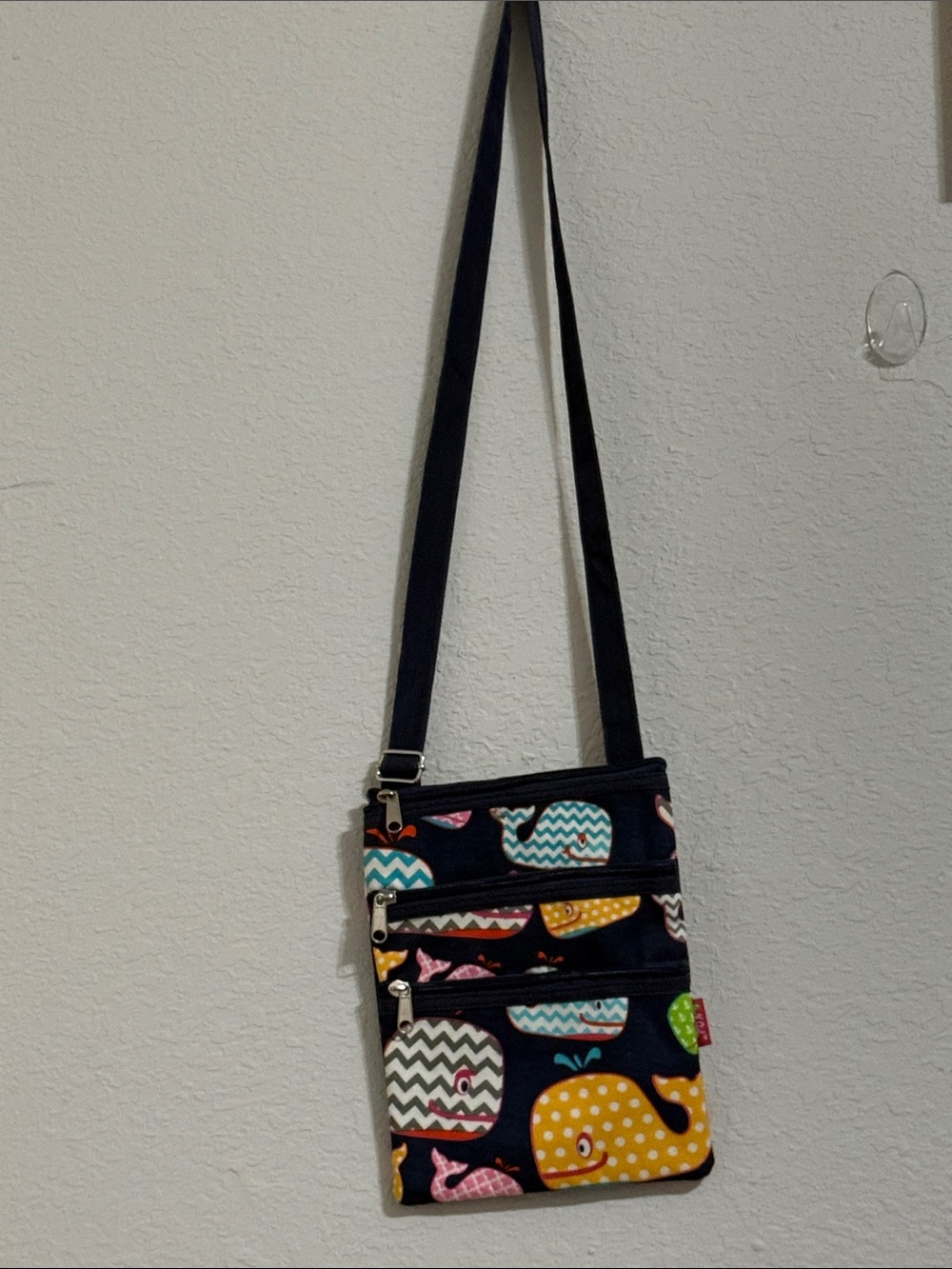 Navy Whale Print Crossbody Bag with Colorful Accents